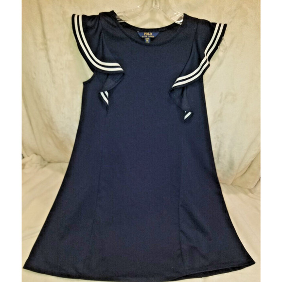 Polo Ralph Lauren Dress Girls XL 16 Navy Ruffled‎ Stretch Ponte Flutter EUC - Picture 1 of 8